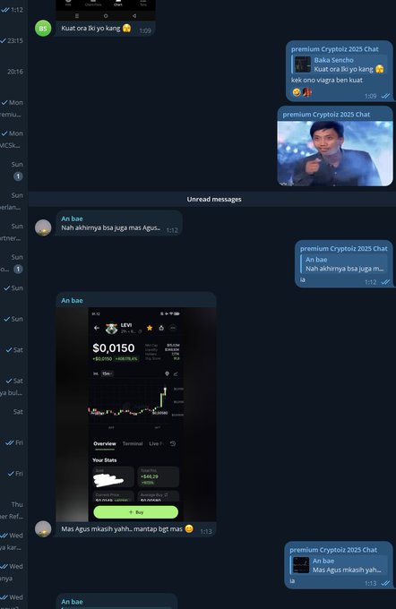 A Telegram chat screenshot titled 'premium Cryptoiz 2025 Chat' in Indonesian, showing conversations about crypto trading results with screenshots of a trading app showing $0.0150 profit on LEVI/USDT.