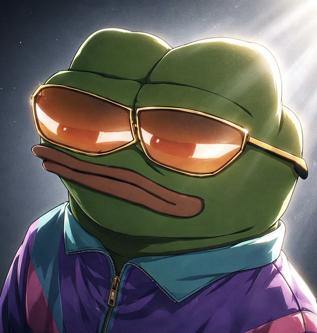 A stylized illustration of a green frog character wearing large sunglasses and a purple and teal track jacket.