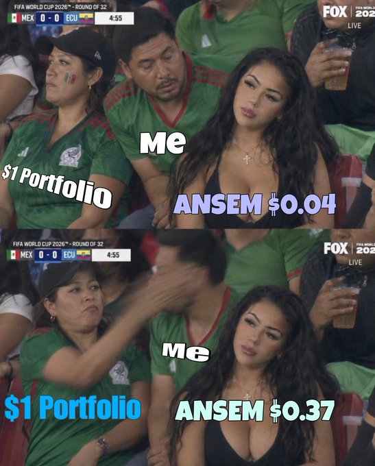 A two-panel meme from a FIFA World Cup 2026 broadcast showing a fan's gaze switching from a '$1 Portfolio' to 'ANSEM' as the token price rises from $0.04 to $0.37.