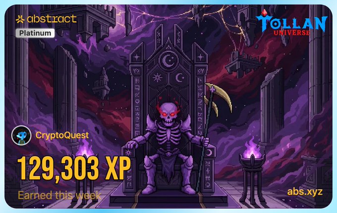 The image features a cartoon illustration of a skeleton sitting on a throne surrounded by purple clouds. The background includes a castle, which adds to the overall theme of a fantasy or magical setting. In the bottom right corner of the image, there's text that reads "Happy @AbstractChain XP day I got 129,303 XP this week Little less than last week, probably because I didn't played Rugpull bakery this week but still happy with the result." This post seems to be related to a game or an event involving a skeleton and a throne.