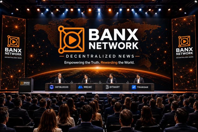 A panel of four speakers sits on stage at a BANX Network event, displayed before an audience beneath a large screen reading "BANX NETWORK — DECENTRALIZED NEWS — Empowering the Truth, Rewarding the World." — featuring sponsor logos for Getblocks, MEXC, BitMart, and Transak, the image visually represents the scale and industry backing of the platform's milestone of 517+ journalists publishing over 72,000 articles and earning 280,000+ BXE tokens.