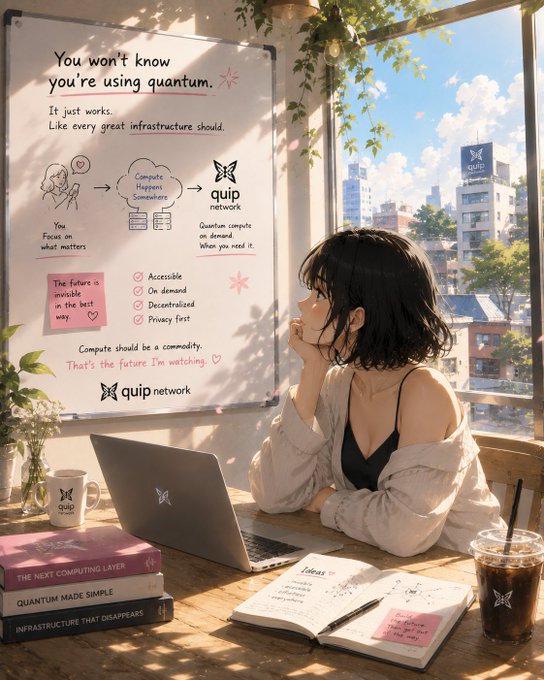 An illustrated promotional image for 'quip network' with the headline 'You won't know you're using quantum,' depicting a woman with a laptop looking out a window while a nearby whiteboard explains the technology's benefits like 'Accessible' and 'On demand'.