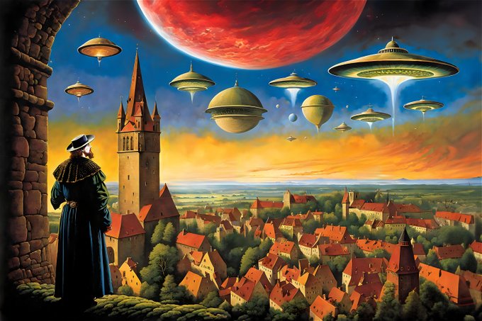 A bearded man in dark robes and a wide-brimmed hat stands in a stone tower window, gazing out over a medieval town with red-roofed buildings and a Gothic spire as multiple saucer-shaped UFOs and a massive red planet dominate the dramatic sky. The fantastical scene evokes the famous 1561 Nuremberg celestial phenomenon, reimagined here as a surreal alien visitation.