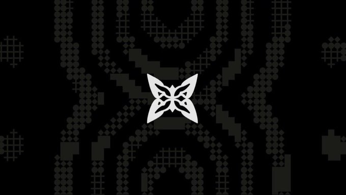 A black background featuring a stylized white butterfly logo with geometric, patterned designs faintly visible in the background.