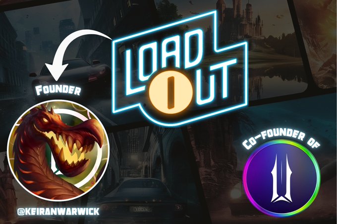 Promotional graphic featuring the 'LOADOUT' logo, identifying @Keiranwarwick as Founder and showing him as Co-Founder of Illuvium, set against a racing game background.