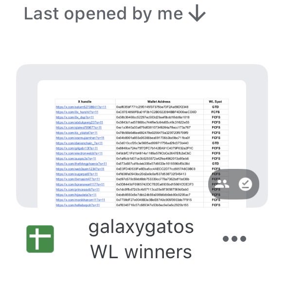 A screenshot of a spreadsheet titled 'galaxygatos WL winners' listing X handles, wallet addresses, and WL spots (FCFS or GTD), with text above reading 'Last opened me ↓'.