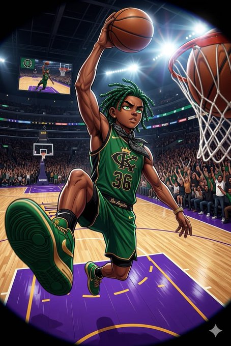 An anime-style illustration of a basketball player wearing a green jersey with "CK 36" leaping toward the hoop in a vibrant arena with a cheering crowd.