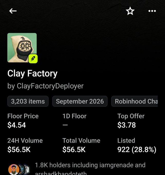 A mobile app screenshot for an NFT collection called 'Clay Factory' by ClayFactoryDeployer, showing a floor price of $4.54, top offer of $3.78, and 24H volume of $56.5K.