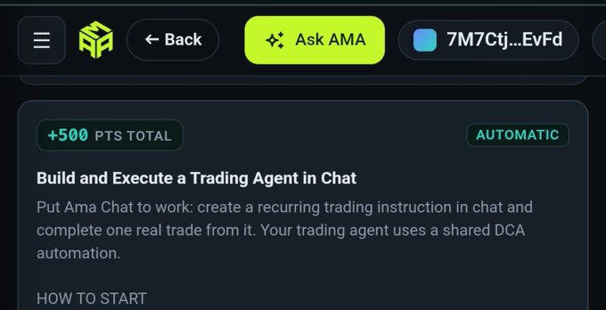 The image shows a quest interface for the Amadeus Testnet on Ama Protocol, displaying a "Build and Execute a Trading Agent in Chat" task that rewards +500 points, with an "Ask AMA" button and wallet connection address visible in the navigation bar. The task description explains that users can create a recurring trading instruction in chat and complete one real trade using a shared DCA automation, aligning with the post's instructions to build and execute a trading agent to earn points on the @ama_protocol platform.