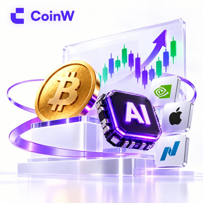 A CoinW promotional graphic featuring a golden Bitcoin coin, an "AI" chip, Apple and NVIDIA logos, and a candlestick chart with an upward arrow—mirroring the post's themes of AI stocks, Nasdaq highs, chip momentum, and BTC near $84K.