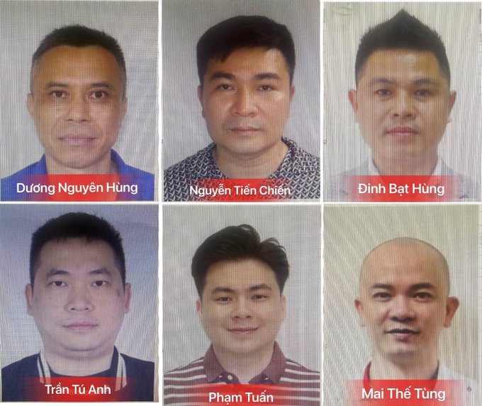 A composite of six passport-style photos of men, each labeled with a Vietnamese name: Dương Nguyên Hưng, Nguyễn Tiến Chiến, Đinh Bạt Hưng, Trần Tú Anh, Phạm Tuấn, and Mai Thế Tùng.