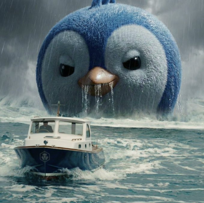 A digital artwork depicts a small blue and white boat navigating choppy waters in front of a massive, fluffy blue penguin character with an angry expression, set under a rainy sky.