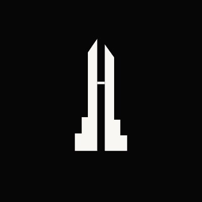 A minimalist black logo featuring a stylized white symmetrical emblem that resembles an 'H' with stepped base and pointed top against a solid black background.