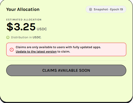 This image shows a user's allocation of $3.25 USDC from Grass for Snapshot Epoch 19, with a reminder to update the app to claim. This relates to the post by confirming the exact amount earned and the reason for the delay in claiming mentioned in the post.