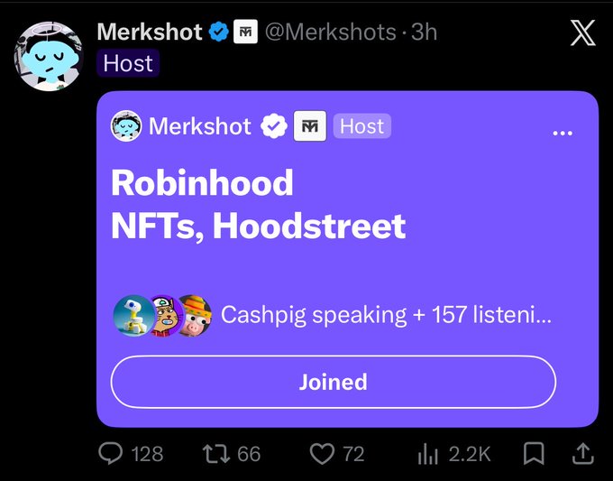A screenshot of an X (Twitter) post by @Merkshots promoting a 'Robinhood NFTs, Hoodstreet' audio space hosted by Cashpig.