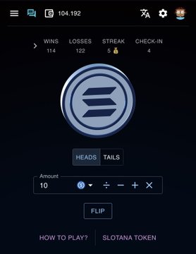 A user profile on Slotana.io shows a heads/tails coin flip game with 114 wins, 122 losses, and a 5-win streak, preparing to wager 10 tokens. The caption "i think I'm about to wake up... or maybe not. but thanks for the $50 though" suggests the user had a rough session losing to the AI's streak before perhaps staging a comeback flip.