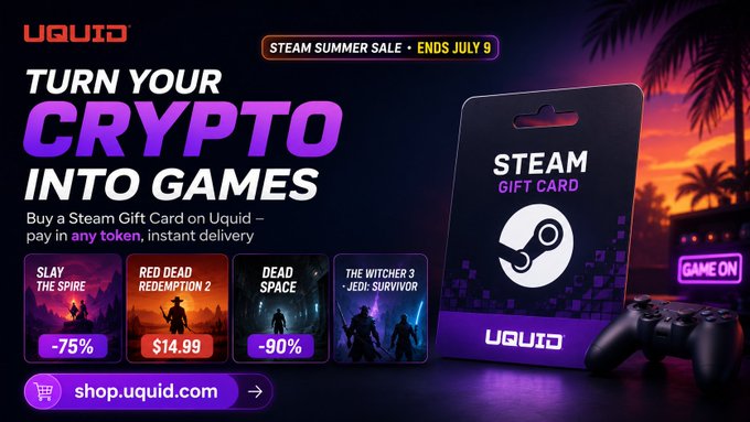 An Uquid promotional banner for Steam Gift Cards reading 'TURN YOUR CRYPTO INTO GAMES - STEAM SUMMER SALE • ENDS JULY 9', showcasing deals on Slay the Spire (-75%), Red Dead Redemption 2 ($14.99), Dead Space (-90%), and The Witcher 3: Jedi Survivor, at shop.uquid.com.