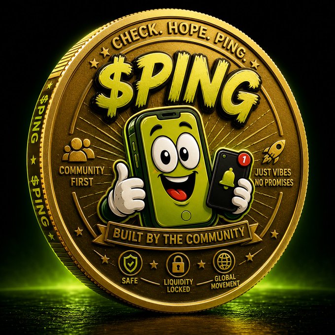 A gold commemorative coin labeled "$PING" features a cartoon smartphone mascot giving a thumbs up, with text reading "CHECK. HOPE. PING," "COMMUNITY FIRST," "BUILT BY THE COMMUNITY," "SAFE," "LIQUIDITY LOCKED," and "GLOBAL MOVEMENT."