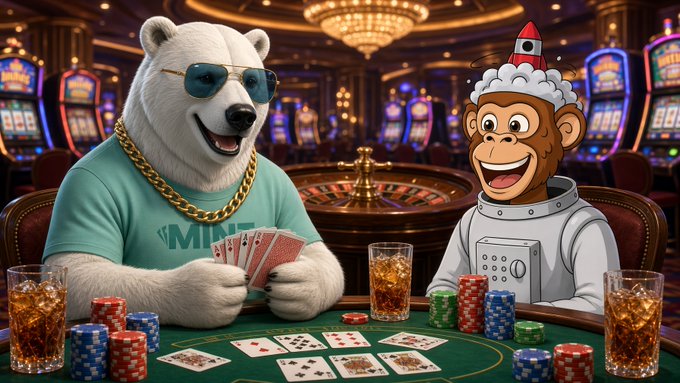 An AI-generated image of a polar bear wearing sunglasses and a gold chain playing cards at a casino table against a monkey in a spacesuit, with poker chips and whiskey glasses.