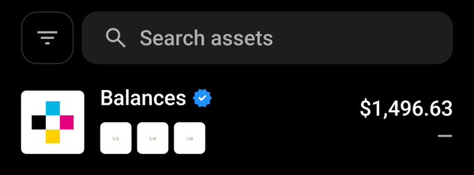 A dark crypto wallet interface shows “Search assets,” a verified “Balances” entry, and a balance of “$1,496.63.”