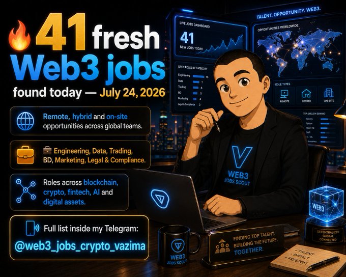 A promotional graphic advertising '41 fresh Web3 jobs' found on July 24, 2026, with a Telegram link @web3_jobs_crypto_vazima and a cartoon jobs scout character.