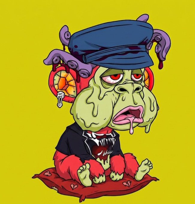 A cartoon illustration of a grotesque, drooling creature wearing a blood-stained captain's hat and a Venom-themed shirt, sitting on a red cushion against a yellow background.