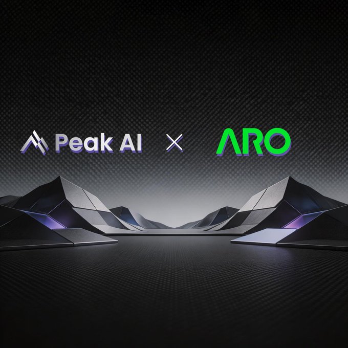 The image features a sleek, dark digital landscape with geometric mountain-like structures and displays the logos "Peak AI" and "ARO" separated by an "×" symbol, announcing a partnership between the two platforms. This visual branding aligns with the post's announcement of ARO's integration with Peak AI's AI-powered crypto distribution system, which leverages TikTok to make joining the ARO Network more accessible.