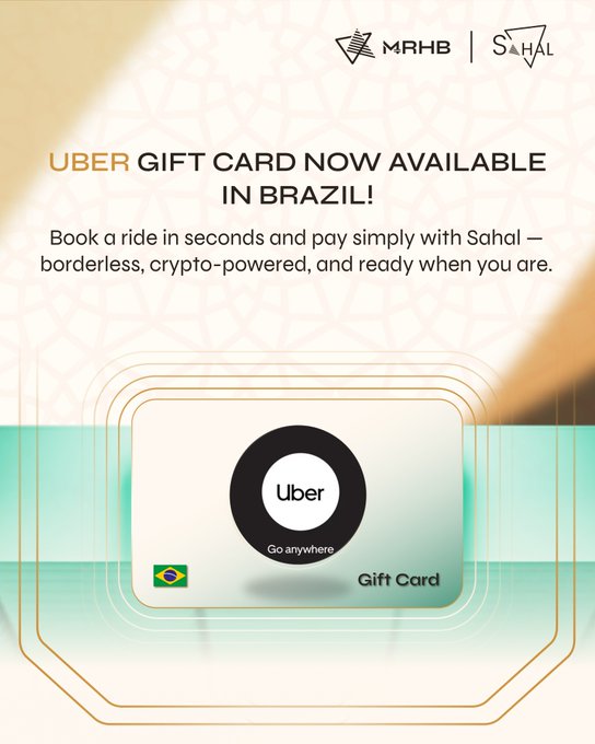 Promotional advertisement for MRHB and SAHAL announcing an Uber Gift Card now available in Brazil, featuring a gift card with the Uber logo and a Brazilian flag.