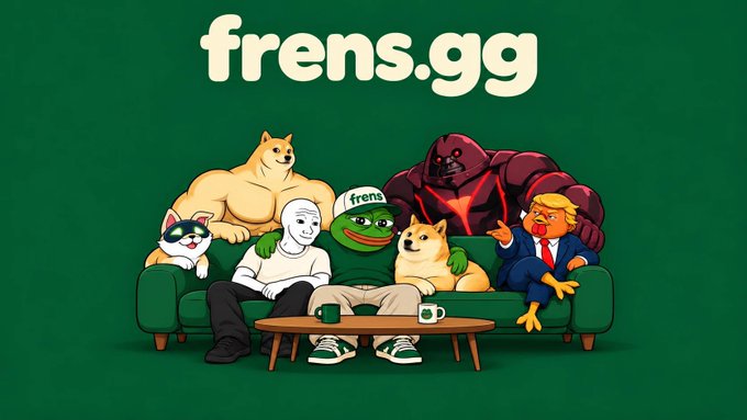 A green “frens.gg” illustration shows cartoon dog-like characters and a frog-headed figure sitting on a couch around a coffee table.