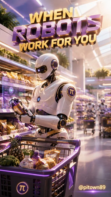 A futuristic advertisement-style image showing a white humanoid robot shopping in a grocery store aisle with a shopping cart full of produce. The bold text 'WHEN ROBOTS WORK FOR YOU' appears at the top, with '@pitown89' watermarked at the bottom right.