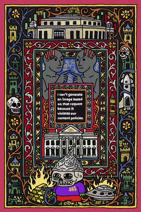 A colorful medieval-style tapestry illustration featuring buildings, skulls, and figures, with a central text box stating 'I can't generate an image based on that request because it violates our content policies.'