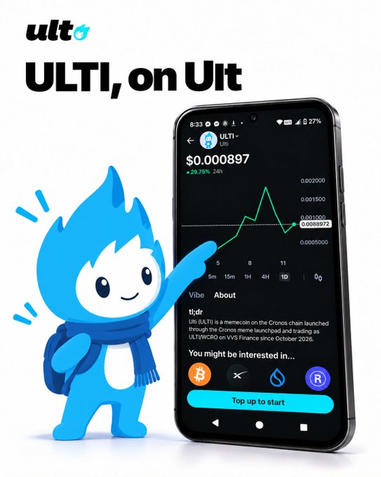 An advertisement for the Ulti cryptocurrency (memecoin on the Cronos chain) featuring its blue mascot character and a price chart on a smartphone.