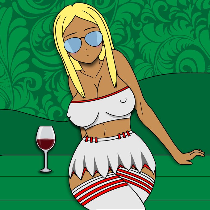 A cartoon-style illustration of a blonde woman with tanned skin wearing blue sunglasses, a white crop top, and a red and white striped skirt, sitting on a green couch next to a glass of red wine against a green patterned wallpaper.