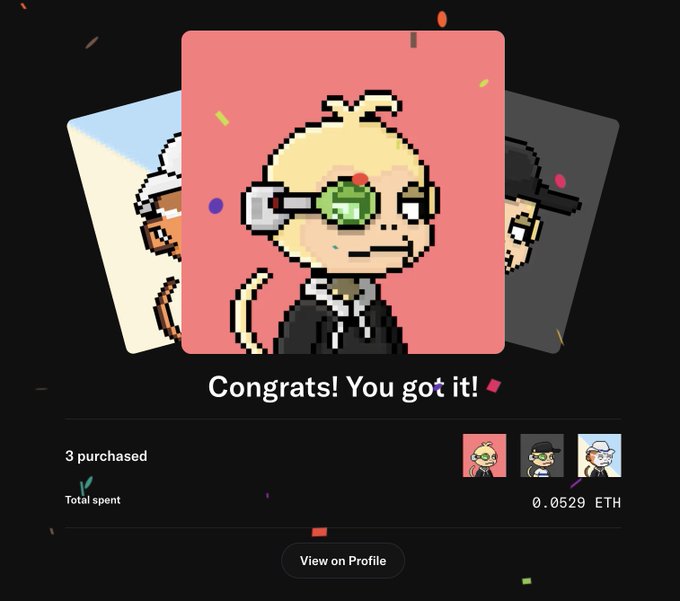 A pixel-art style "Congrats! You got it!" NFT purchase screen showing 3 purchased MonkeyHoodNFT items for a total of 0.0529 ETH, featuring three character cards including one with a yellow-suited monkey wearing headphones. This confirms the winner won 3 NFTs from the @MonkeyHoodNFT giveaway.