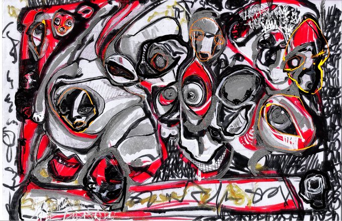 An abstract expressionist painting filled with chaotic, surreal figures and faces rendered in red, black, white, and gray with expressive brushstrokes.