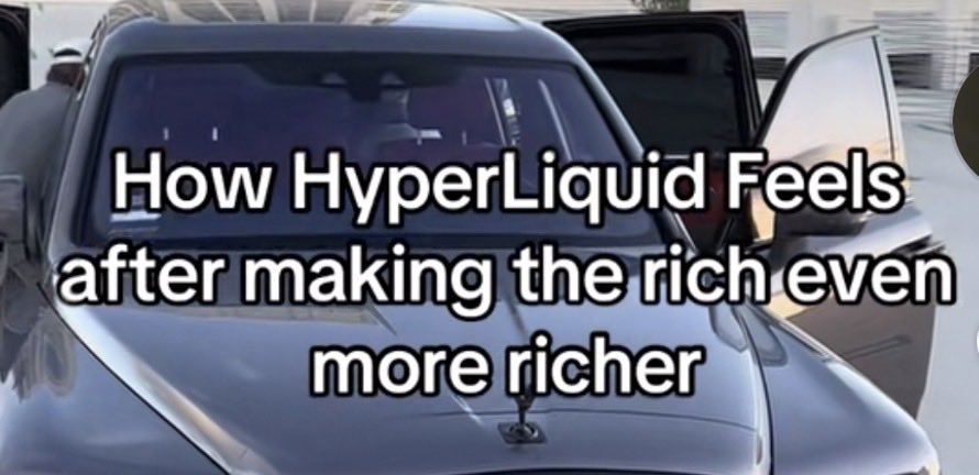 A meme shows a Rolls-Royce with the door open and text overlay reading "How HyperLiquid Feels after making the rich even more richer."