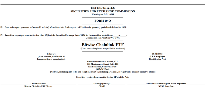 Cover page of a United States Securities and Exchange Commission Form 10-Q for the 'Bitwise Chainlink ETF' (ticker: CLNK), filed by Bitwise Investment Advisers, LLC, with trading listed on NYSE Arca, Inc.