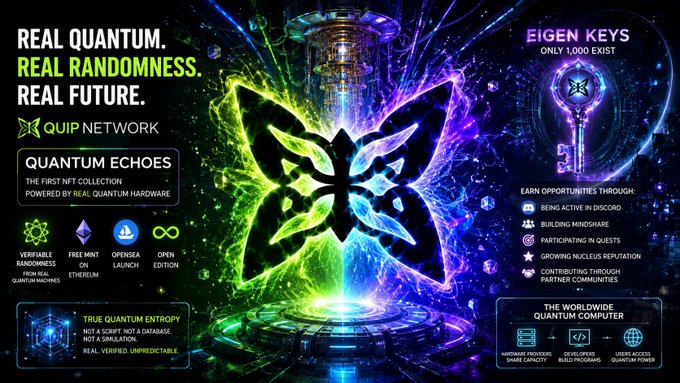 The image features an advertisement for quantum computing with a unique black and green butterfly design. The butterfly symbolizes the concept of exploring new frontiers or possibilities, as seen in the context of quantum computing. The text in the image includes phrases such as "Real Quantum," "RANDOMNESS," "REAL FUTURE," and "Eigen Keys" that emphasize the potential for this technology to revolutionize the future. Additionally, there are several other phrases like "QUIP," "NETWORK," "QUANTUMECHOS," and "NEUROPATHY" related to the NFT project that contributes to its futuristic appeal. The overall design of the image is visually engaging and highlights the exciting possibilities offered by the emerging field of quantum computing.