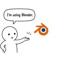 A cartoon figure points at the Blender logo with a speech bubble reading 'I'm using Blender.'