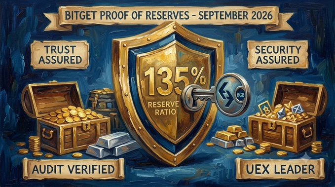 A digital illustration promotes "BITGET PROOF OF RESERVES – SEPTEMBER 2026," featuring a gold shield with a "135% RESERVE RATIO," a key, treasure chests, gold, silver, and cryptocurrency, along with banners reading "TRUST ASSURED," "SECURITY ASSURED," "AUDIT VERIFIED," and "UEX LEADER."