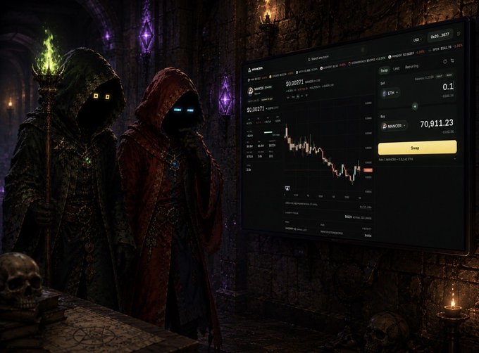 An atmospheric image of two hooded, glowing-eyed figures in a dark dungeon setting, looking at a Binance crypto trading chart showing a 'Meme' coin trading chart.