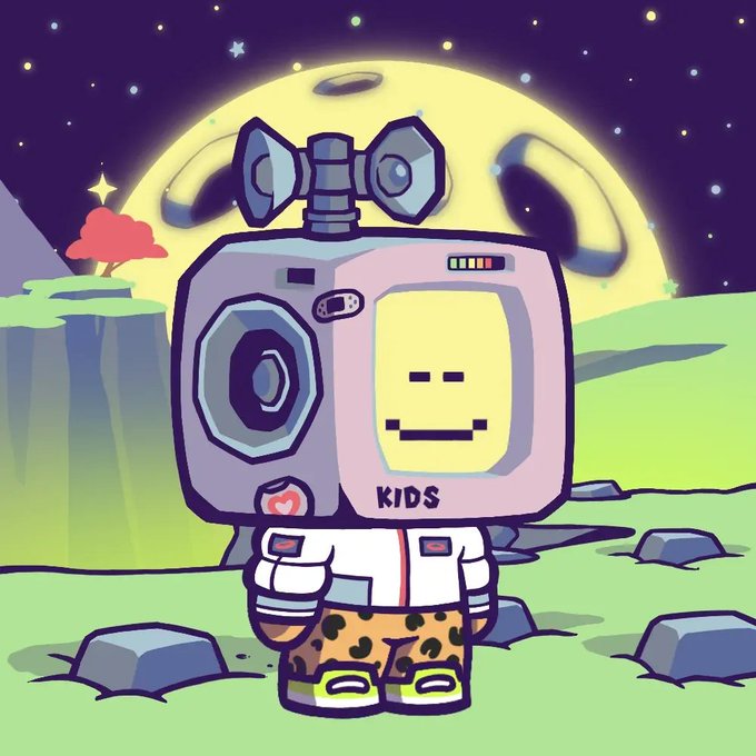 A cartoon illustration of a pink TV-headed character labeled 'KIDS' wearing leopard print shorts and an astronaut-like outfit, standing under a starry night sky with a large moon.