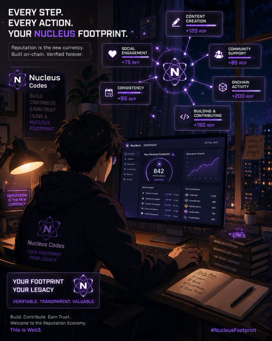 A promotional graphic for 'Nucleus Codes' showing a person at a computer desk with a dashboard displaying 'Nucleus Footprint' score of 842, surrounded by icons for Content Creation, Social Engagement, Community Support, and other reputation categories.