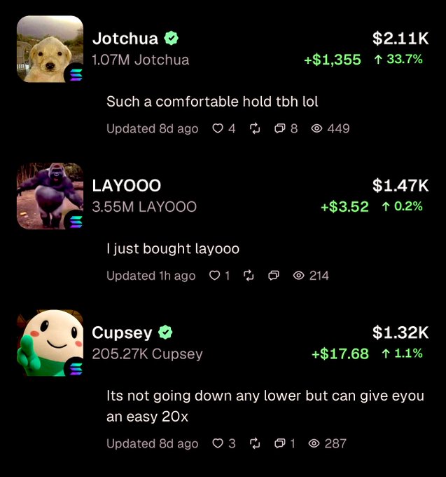 A social feed displays three memecoin profiles—Jotchua ($2.11K, +33.7%), LAYOOO ($1.47K, +0.2%), and Cupsey ($1.32K, +1.1%)—each with casual bullish captions from their holders, perfectly matching the "trifecta" trio mentioned in the post.
