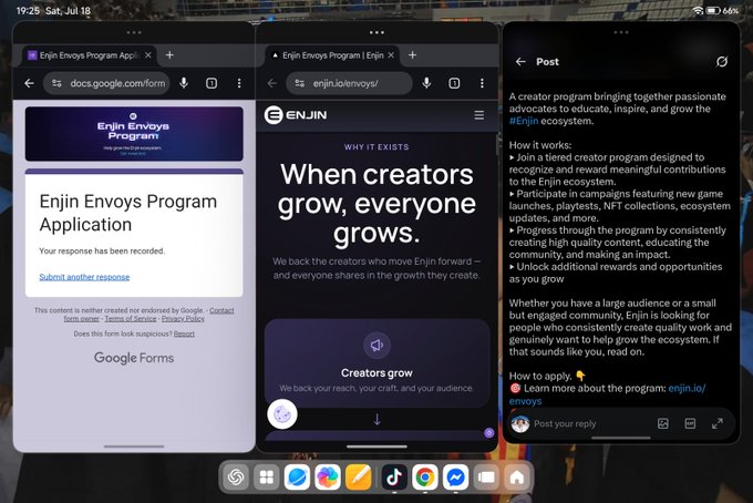 A tablet displays three screens related to the Enjin Envoys Program: a Google Forms submission confirmation, the program webpage stating 'When creators grow, everyone grows,' and a post about creator opportunities.