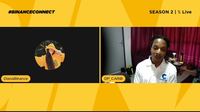 A split-screen livestream titled "#BINANCECONNECT Season 2" featuring DianaBinance in a yellow hoodie and DP_CARIB in a white shirt, capturing a moment of the engaging session the poster praised.