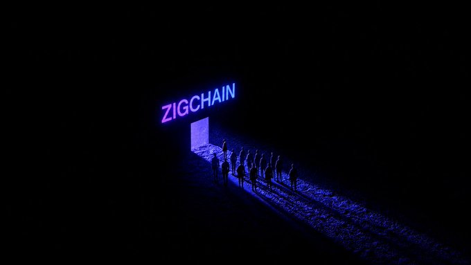 A dark scene illuminated by a glowing purple 'ZIGCHAIN' doorway, with silhouettes of people gathered nearby on a dirt path.