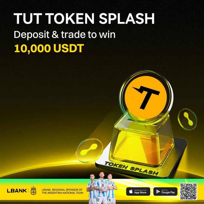 A promotional banner for the TUT Token Splash event on LBank, advertising a 10,000 USDT prize pool for depositing and trading TUT tokens, featuring a large glowing yellow "T" coin on a pedestal with app download links and a QR code at the bottom.