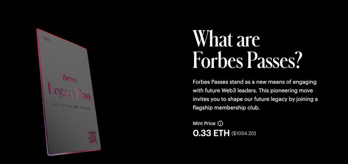 An advertisement asks 'What are Forbes Passes?' describing them as a Web3 legacy membership club with a mint price of 0.33 ETH (~$1054.20), alongside an image of a 'Forbes Legacy Pass'.