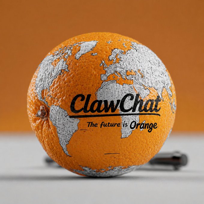 An orange painted to look like a globe with continents in silver, featuring the text 'ClawChat - The future is Orange' on an orange background.